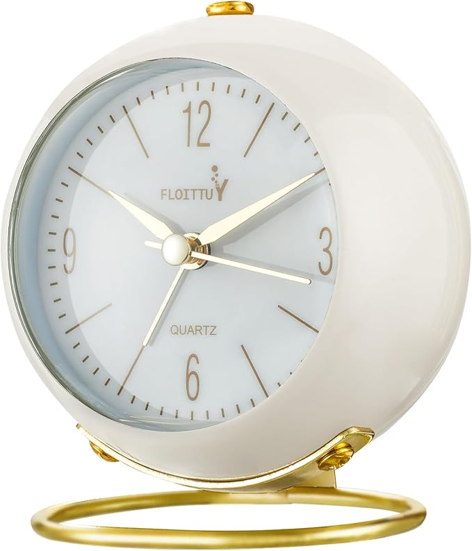 FLOITTUY Silent Table Analog Alarm Clock No Ticking, Lighted on Demand and Battery Operated, Beep Sounds, Small Desk Clock(White)