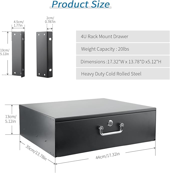 Rack Drawer, Rack Mount Drawer Designed for 19-inch Network Equipment, Servers, AV Racks, or Cabinet Enclosures. Sliding and Lockable Server Rack Drawer Features Cable Management Holes (4U)