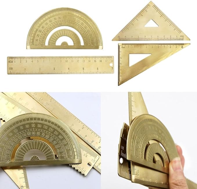 Golden Brass Ruler Set with Protractor and Triangles, 18 cm / 7 inch for Precision Measuring Tools for Drafting, Art, Engineering, School, Office, Portable Stationery Kit