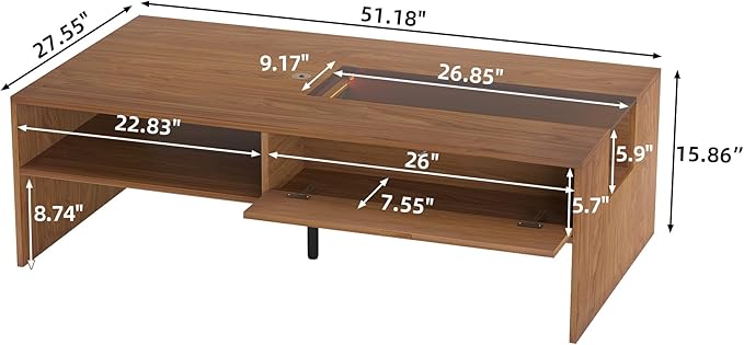 NessCarsti Coffee Table with LED Lights, 51" Modern Rectangular Living Room Center Table with Storage Shelves & Hidden Compartment, Stylish Tea Table for Apartment, Home, Office
