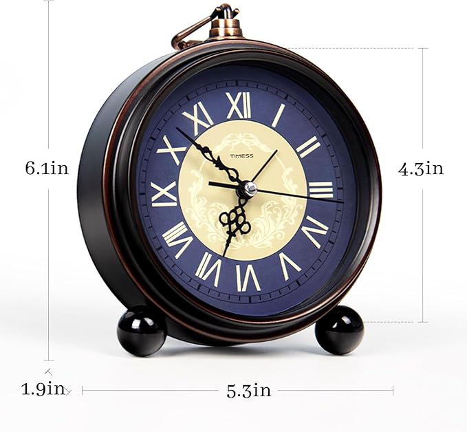 TIMESS Vintage Analog Alarm Clock, 4.3" Silent Non-Ticking Quartz Desk Clock with Roman Numerals, Battery Operated Table Clock for Bedroom, Living Room, Office, or Gift (Blue)