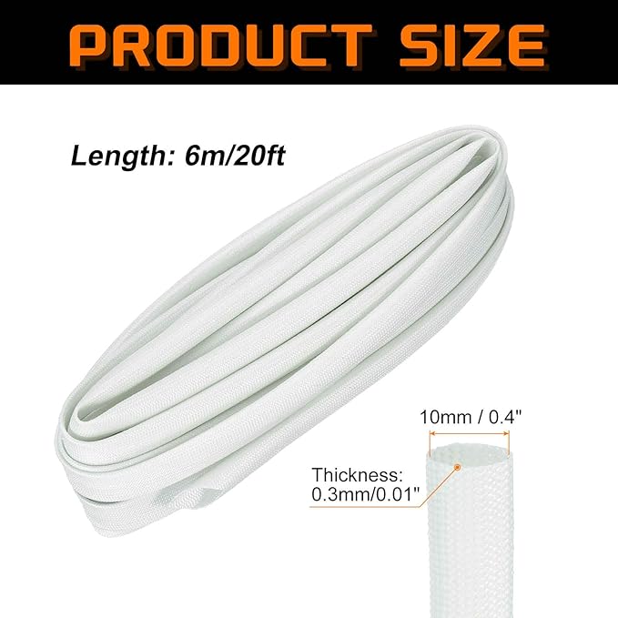 MECCANIXITY 20ft Braided Cable Sleeve, 0.4" ID 200C High Temperature 1500V Fiberglass Wire Insulation Cord Protector Organizer Wires Management for Motor Engine Fuel Line, White