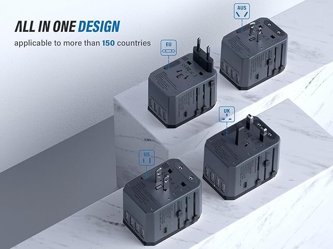 EPICKA Universal Travel Adapter, European Travel Plug Adapter - International Power Adapter Worldwide Charger with USB-C & 4 USB-A Ports, Travel Essentials for Italy, UK, Japan (TA-105, Space Grey)