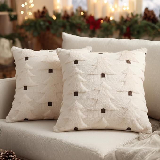 GEEORY Christmas Pillow Covers 26x26 Inch Set of 2, Christmas Decorations Xmas Tree Soft Plush Fluffy Faux Fur Decorative Throw Pillows Farmhouse Winter Cushion Case Beige Brown GC034-26