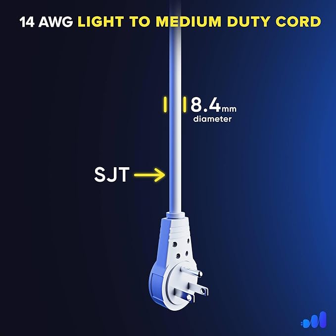 Maximm Extension Cord 25 Ft – 360° Rotating Flat Plug, 3-Prong Grounded, Heavy Duty 14AWG Wire – UL Certified, Indoor Power Cable – Ideal for Long Reach & Tight Spaces – White