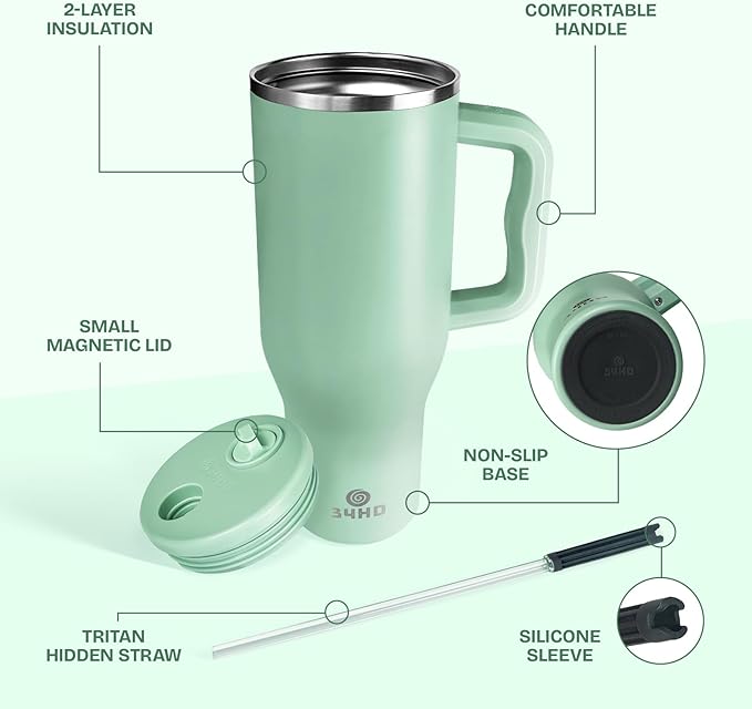 34HD 40 oz Stainless Steel Tumbler - Leakproof Insulated Water Bottle with Handle, Magnetic Lid and Flexible Straw - Iced for 48 Hours – Perfect for Men, Women, Birthday Gift, Green - Matcha Whisper