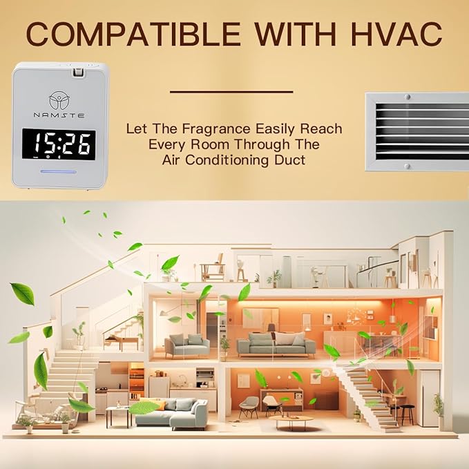 Namste Waterless Diffuser - HVAC System Essential Oil Diffuser with Clock - Whole House & Hotel Coverage 3000 Sq. Ft, 300ML Scent Machine Smart Oil Level Monitoring, Bluetooth Control, Cold Air Tech