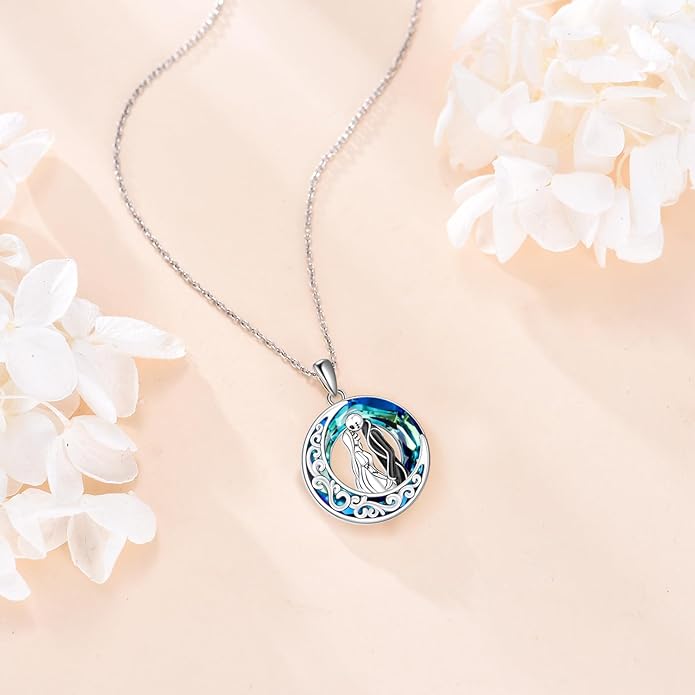 LILALO Christmas Gifts Nightmare Necklace Sterling Silver Abalone Shell Crystal Jack and Sally Necklace Jack Skellington Skull Jewelry Skull Necklaces for Women