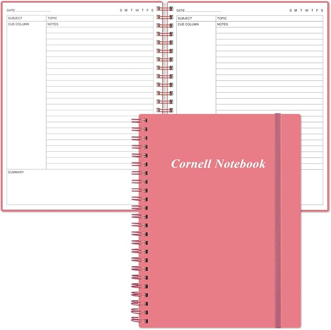 Yaridar A4 Cornell Notes Notebook - College Spiral Cornell Notebooks for Note Taking, Subject Ruled Steno Pads for Office/School/College/Home, 8.5" x 11", Pink