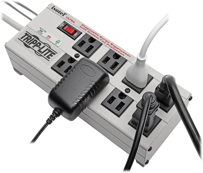 Tripp Lite Isobar 8 Outlet Surge Protector Power Strip, 12ft. Cord, Right Angle Plug, 3840 Joules, Diagnostic LEDs, Tel/Fax/Modem, Metal, (ISOTEL8 ULTRA) , Gray