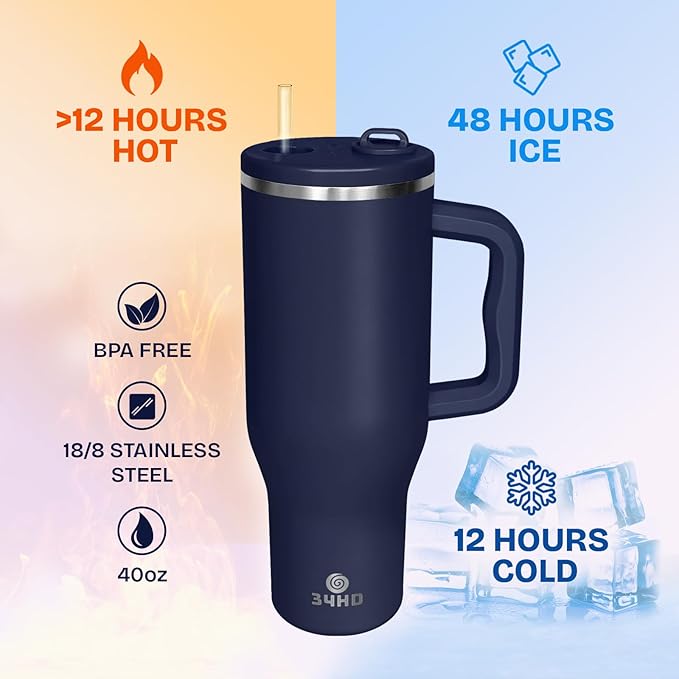 34HD 40 oz Stainless Steel Tumbler - Leakproof Insulated Water Bottle with Handle, Magnetic Lid and Flexible Straw - Iced for 48 Hours – Perfect for Men, Women, Birthday Gift, Navy - Deep Sea Blue