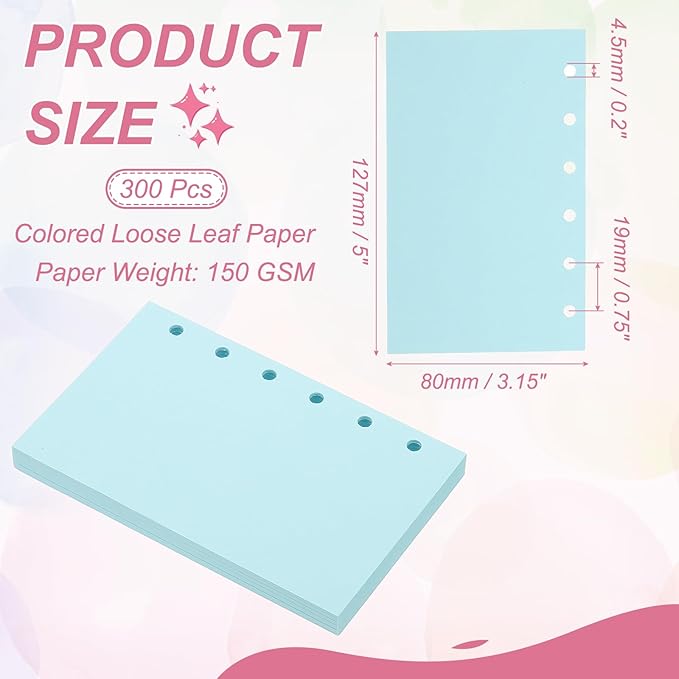 PATIKIL Colored Loose Leaf Paper, 5" x 3.2"(A7) 300 Sheets 6 Holes Punched 150GSM Blank Binder Refill Paper Supplies for Office Note Taking Teacher Planner Journal Notebook, Blue