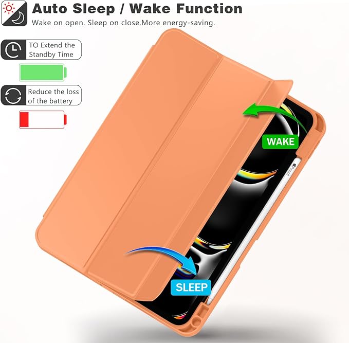 ZryXal iPad Pro 11 Inch Case (M5) 2025/ (M4) 2024 (Model: A2836/A2837/A3006), Trifold Stand Smart Cover with Pencil Holder and Soft TPU Back, Auto Wake/Sleep (Orange)