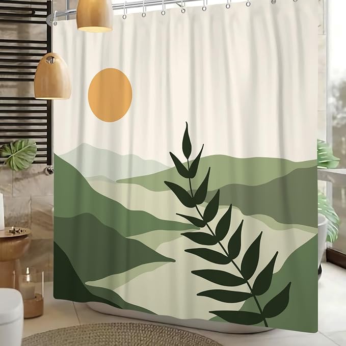 Boho Mid Century Shower Curtain Modern Abstract Sun Tropical Leaves Bathroom Curtain Set Neutral Minimalist Plant Waterproof Fabric Bath Decor with Hooks 72x78 inch