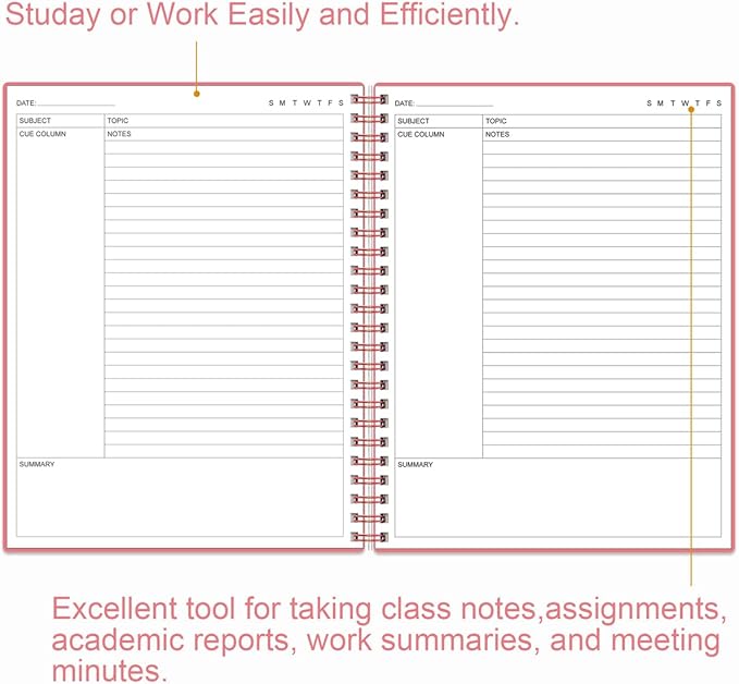 Yaridar A4 Cornell Notes Notebook - College Spiral Cornell Notebooks for Note Taking, Subject Ruled Steno Pads for Office/School/College/Home, 8.5" x 11", Pink