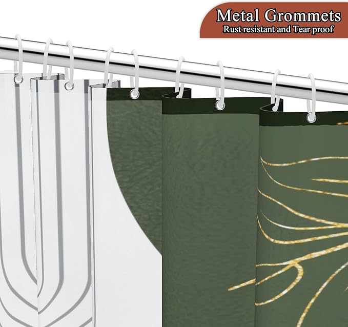 Mid Century Boho Shower Curtain, Abstract Modern Sun Minimalist Aesthetic Shower Curtain, Bohemian Geometric Arch Curve Leaves Neutral Art Fabric Bathroom Curtains Sage Green 48x72 inch