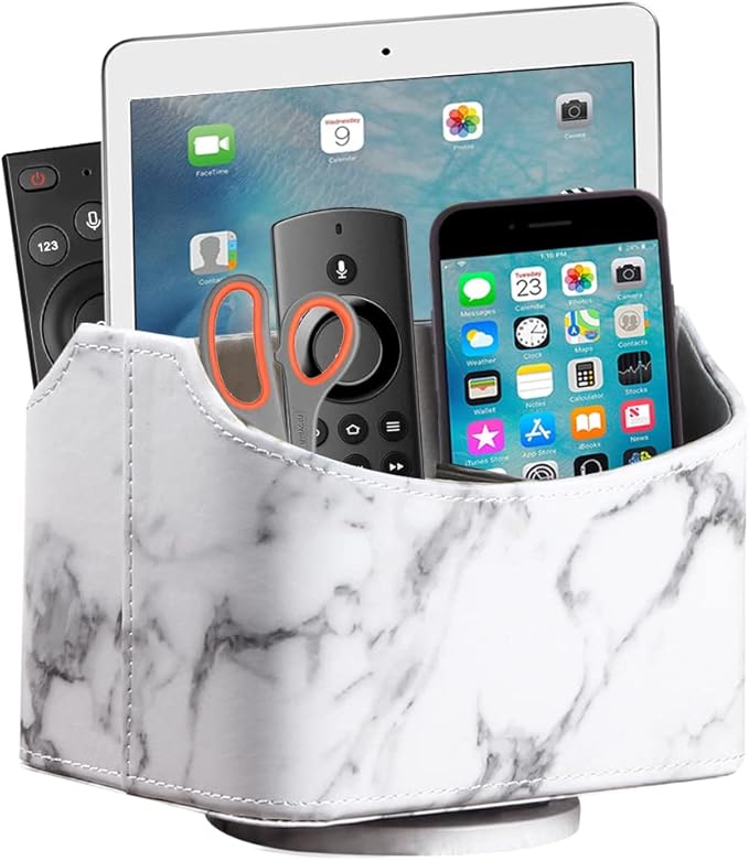 Arniche PU Leather Remote Control Holder,360 Degree Spinning Desk TV Remote Caddy,Desk Organizers and Accessories,for Controller,Media,Mail,Calculator,Mobile Phone,Pen Storage Holder(White Marble)