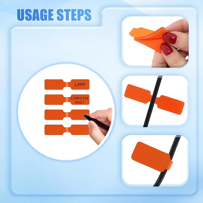 50 Pieces Cord Labels Self-Adhesive Nylon Cable Labels Tags Waterproof Wire Cable Tags or Electronics Office Computers Management and Identification (Orange)