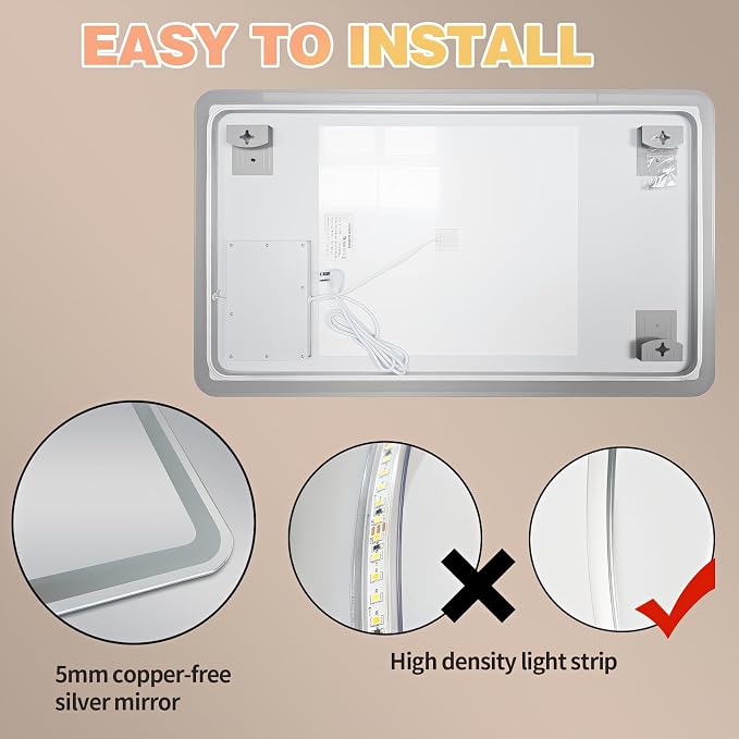 Niccy 20"x32" LED Bathroom Mirror, Rectangle Vanity Mirrors with Lights, Frontlit & Backlit Lighted Vanity Mirror, Memory Funtion, 3 Colors & Stepless Dimmable, Anti-Fog, Horizontal/Vertical