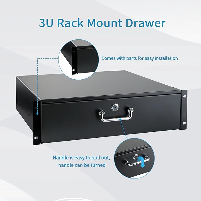 3U Rack Drawer, Rack Mount Drawer Designed for 19-inch Network Equipment, Servers, AV Racks, or Cabinet Enclosures. Sliding and Lockable Server Rack Drawer Features Cable Management Holes