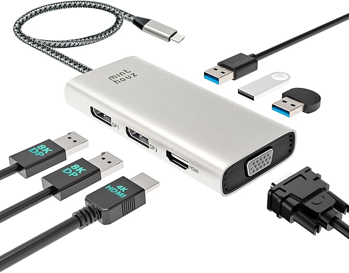 Minthouz USB-C Docking Station 7-in-1 Quad Display Laptop Multiport Adapter, 4K HDMI, Dual 8K DP, VGA, 3×USB2.0 Ports & USB Dongle for MacBook Pro/Air, iPad Pro, iMac, iPhone 16 Pro/Pro Max, ThinkPad