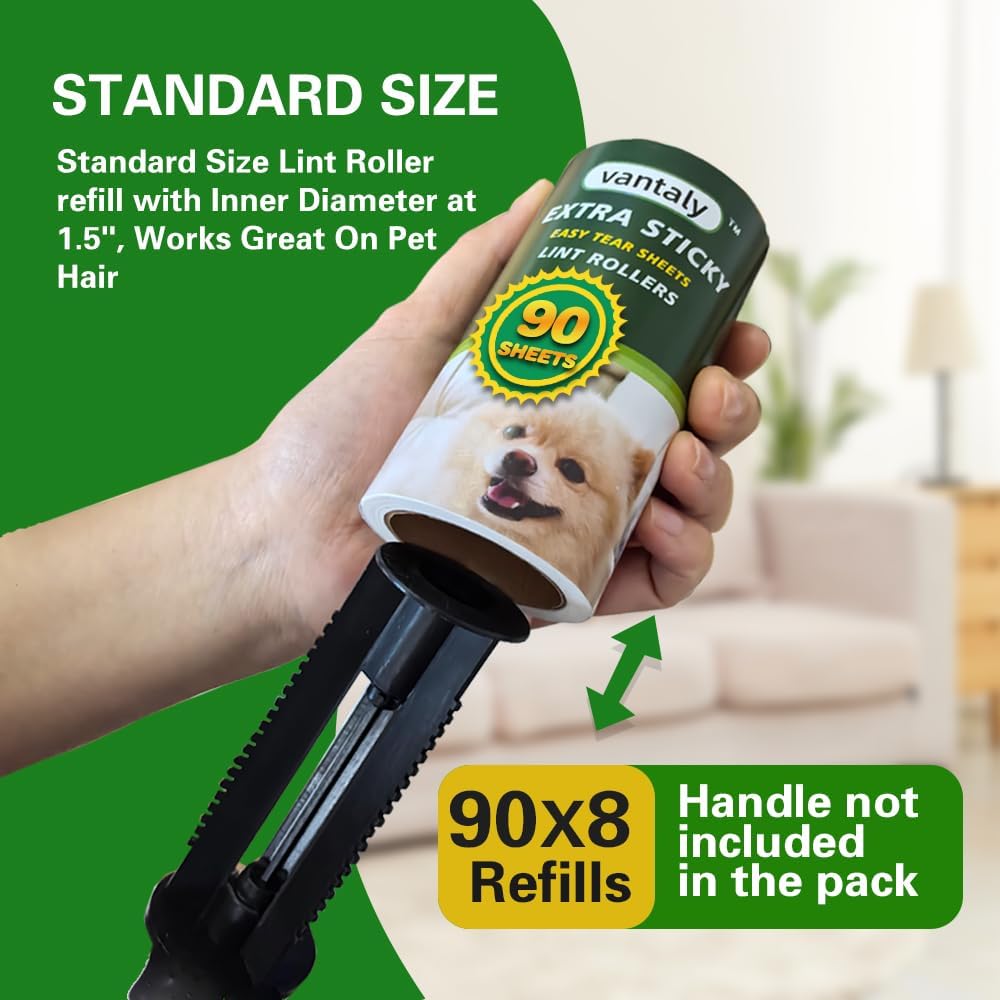 Extra Sticky Lint Roller Refills,Fits Most 3.9"-4" Standard Size Lint Roller with Inner Diameter at 1.5", 8 Pack with 720 Sheets Total, Pet Hair Remover for Clothes, Car, Furniture
