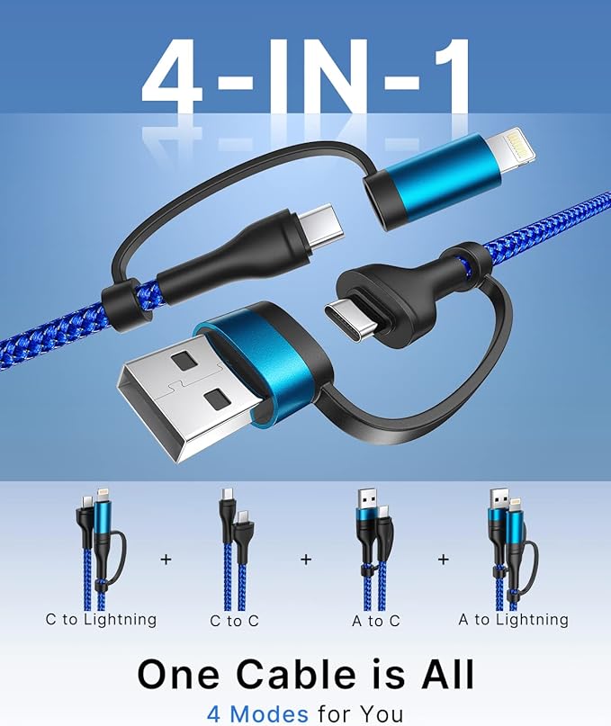 XUDUO 4 in 1 Charging Cord [2Pack 6.6FT] Fast Charging Ccable Apple MFi Certified Lightning Cable Nylon Braided 60W Multi USB C Cable for iPhone 16/15 14 13 12 iPad Samsung Galaxy MacBook iPad Tablets