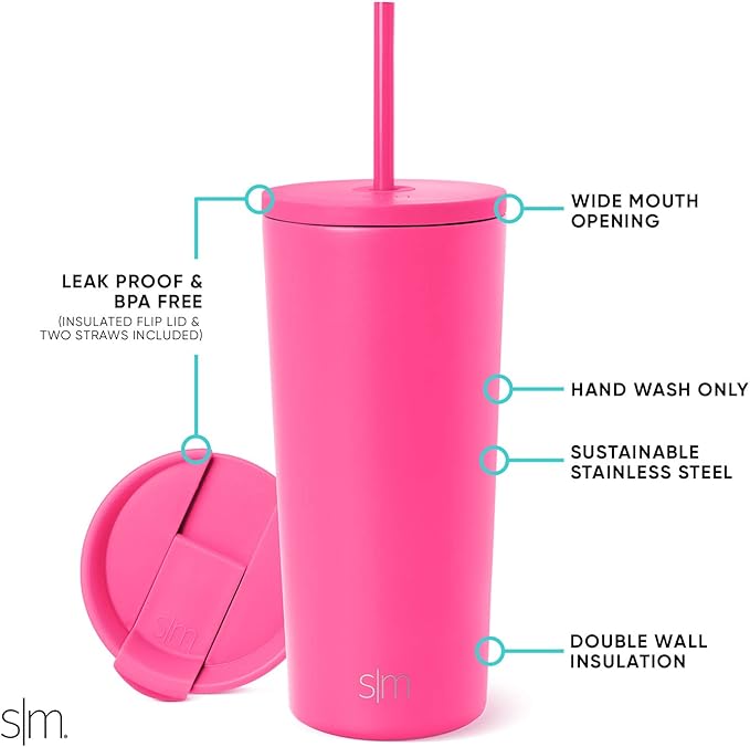 Simple Modern Insulated Tumbler with Lid and Straw | Iced Coffee Cup Reusable Stainless Steel Water Bottle Travel Mug | Gifts for Women Men Her Him | Classic Collection | 20oz | Raspberry Vibes