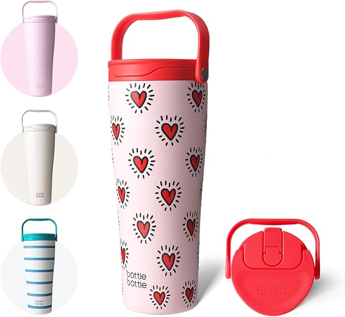 BOTTLE BOTTLE Insulated Tumbler with Handle & Straw Lid, 30oz Stainless Steel Leak-Proof Water Bottle for Hot & Cold Drinks, Add Ice Without Unscrewing, BPA-Free for Travel, Office(Heart Beats)