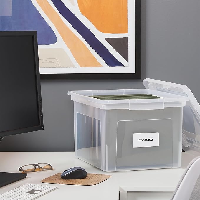 STAPLES Hanging File Folder Box, Storage Bin Organizer, Snap Lid, Letter & Legal Size Documents, Clear