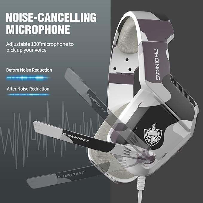 PHOINIKAS Gaming Headset for PS4, Xbox One, PC, Laptop, Mac, Nintendo Switch, 3.5MM PS4 Stereo Headset Over Ear Headphones with Noise-Cancelling Mic, Bass Surround - Camo