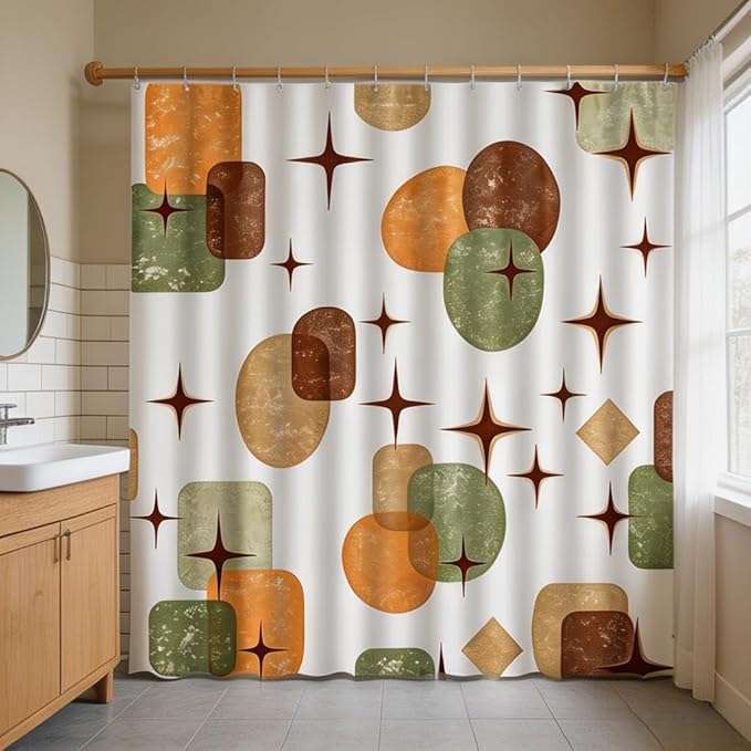 Boho Mid Century Shower Curtain Retro Abstract Geometric Shapes with Starburst Sage Green Beige and Terracotta Fabric Bath Curtain Polyester Bathroom Decor with Hooks (47"X72")