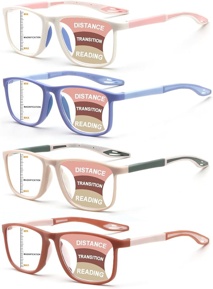 BLOEXCLU 4 Pack Progressive Multifocus Reading Glasses for Men Women TR90 Sports Style Anti-Blue Light Computer Readers