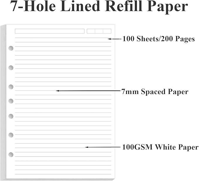 7-Hole Lined Paper Refills for Mini Binder - 100 Sheets/200 Pages Loose Leaf Line Paper, 100gsm Ruled White Pages, Desk Size 4, 5.8" x 8.5"