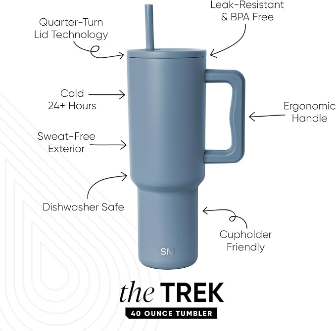 Simple Modern 40 oz Trek Tumbler with Handle and Straw Lid | Cup Holder Friendly Insulated Stainless Steel Travel Mug | Blue Dune