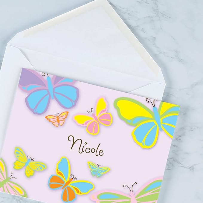 Butterfly Kids Personalized Note Cards - 24 Cards with White Envelopes, 4¼ x 5½ Inch Size, Blank Stationery, Add Names or Text, For Thank You Notes, Invitations, & Announcements