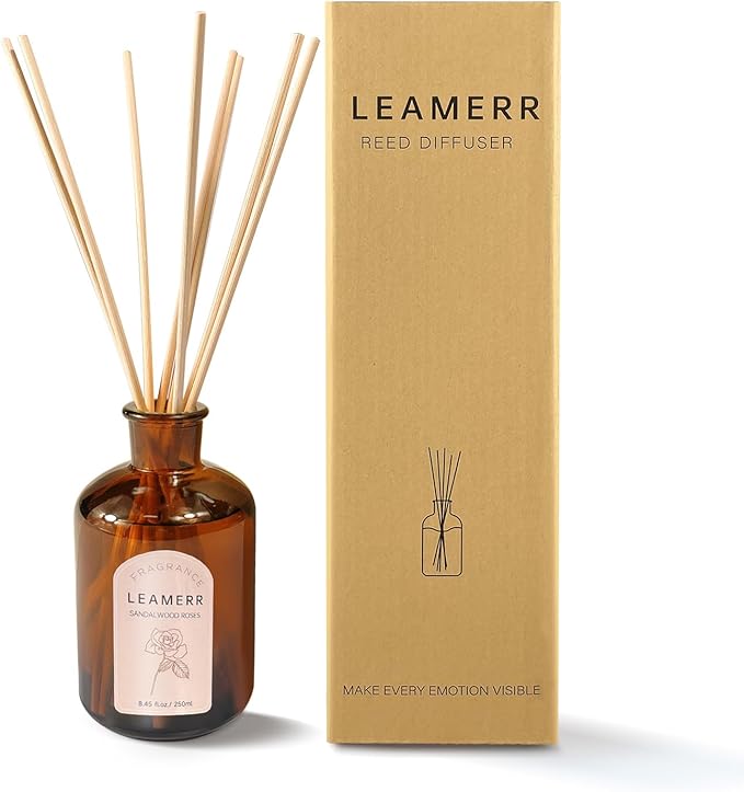 LEAMERR Premium Reed Diffuser Set - 8.8 oz (250 ml) Bedroom Bathroom Living Room Home Fragrance Products Sandalwood Roses Scent 1 Pack