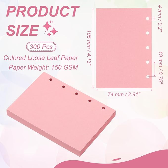 PATIKIL Colored Loose Leaf Paper, 4.1" x 3"(A8) 300 Sheets 5 Holes Punched 150GSM Blank Binder Refill Paper Supplies for Office Note Taking Teacher Planner Journal Notebook, Light Pink