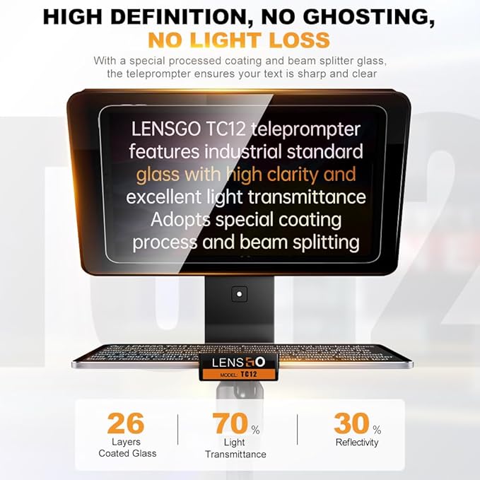LENSGO 12.9'' Aluminum Teleprompter for iPad Tablet DSLR Cameras with Remote Control, App Compatible with iOS/Android,Professional Prompter for News/Broadcasting,Online Teaching,Live Streaming(TC12)