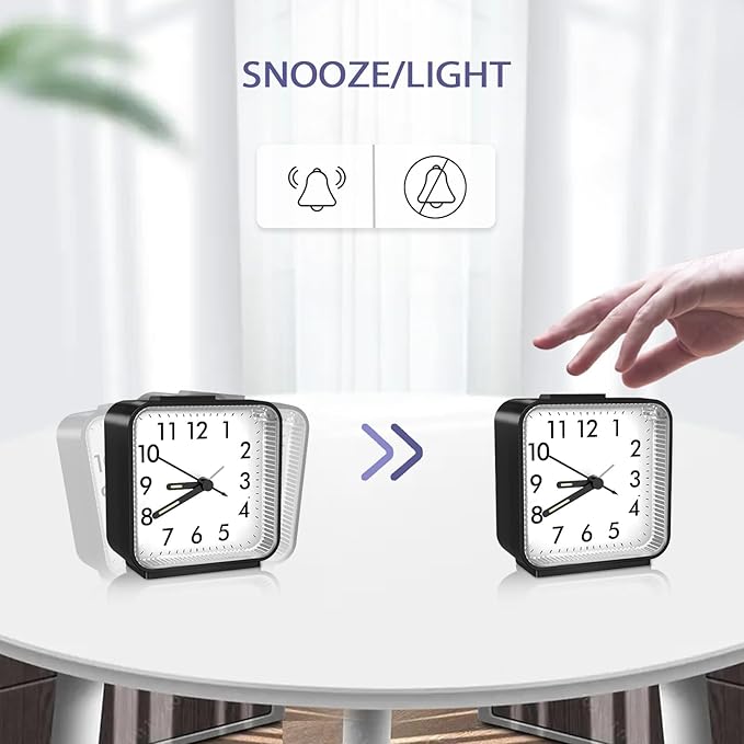 OQIMAX Analog Alarm Clocks, Non Ticking Table Clock with Luminous Hand & Large Display, Battery Powered Silent Bedside Alarm Clock with Snooze & Night Light Function, for Bedroom, Office