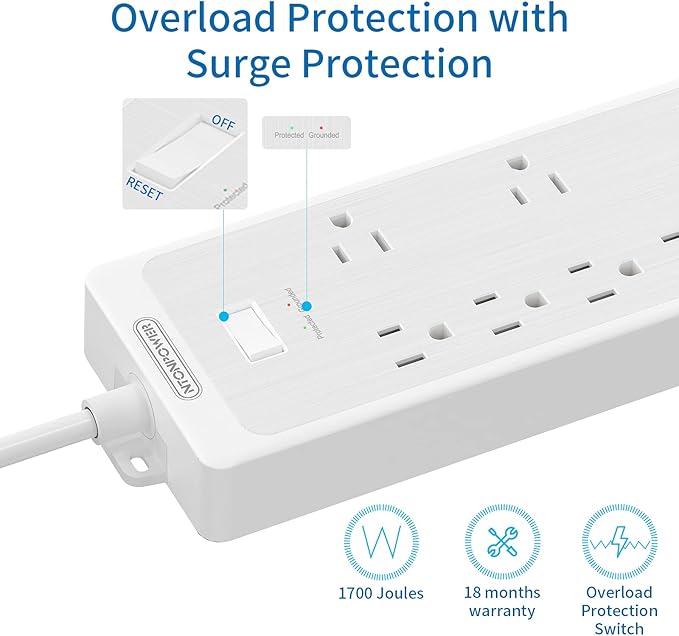 Surge Protector Power Strip 10 ft Cord, NTONPOWER Heavy Duty Extension Cord 10 ft, 8 Outlets and 2 USB Ports, Flat Plug, 1875W/15A 1700 Joules, Wall Mountable for Home Office, Dorm Essentials White