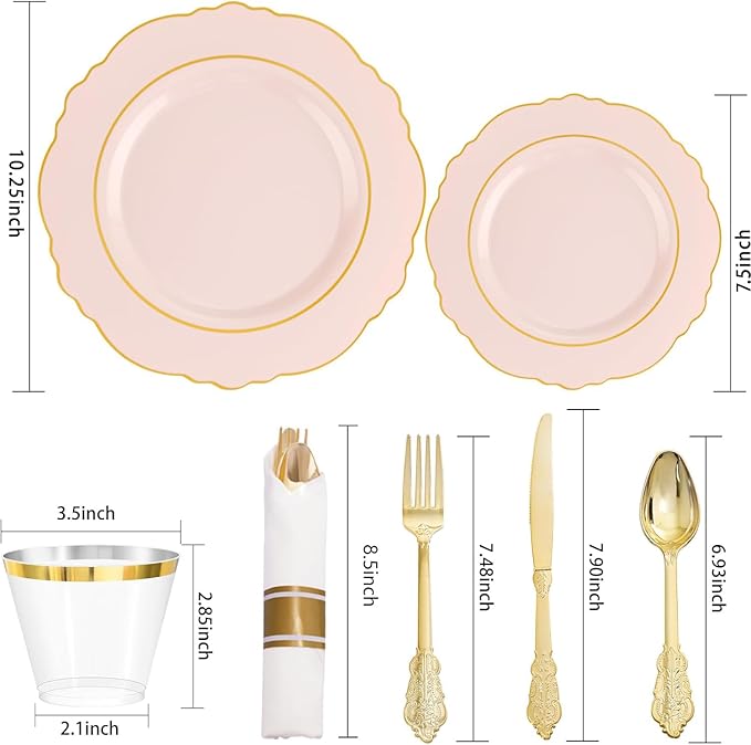 Liacere 350PCS Pink Plates Disposable - Pink and Gold Plates 50guest Baroque Plastic Dinnerware include 100Plates, 50Pack Pre Rolled Napkins with Silverware 50Cups Perfect for Valentine's Day