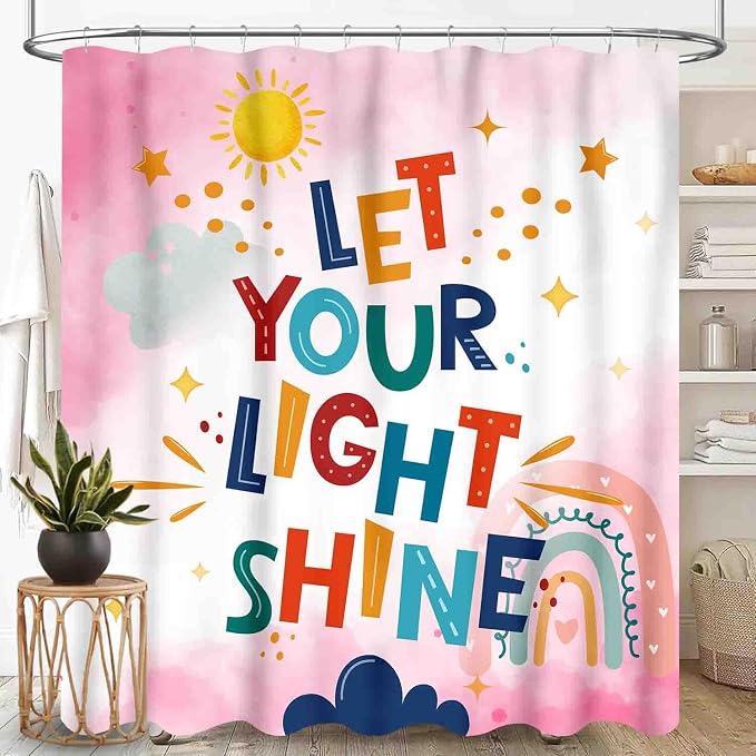 Pink Rainbow Shower Curtain for Bathroom, Boho Cute Inspirational Motivational Quotes Rainbow Colorful Baby Kids Girls Waterproof Fabric Shower Curtain Set with Hooks, 72"x72" Inch