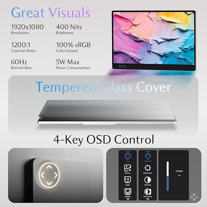 SOTSU FlipAction Go 14" Premium Portable Monitor SFA14PMML | Robust but Lightweight | Tempered Glass Cover | 1080p | 400 Nits | 100% sRGB | 5W | Super Versatile | USB C or Mini HDMI