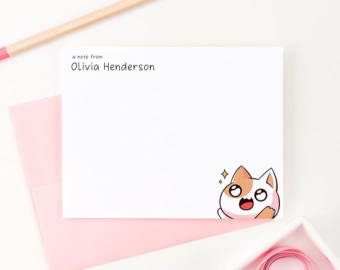 Personalized Kawaii Stationery Set for Kids Japanese Note Cards, Custom Kawaii Stationary Notes, Kawaii Cat Notecards for Girls, Your Choice of Colors and Quantity