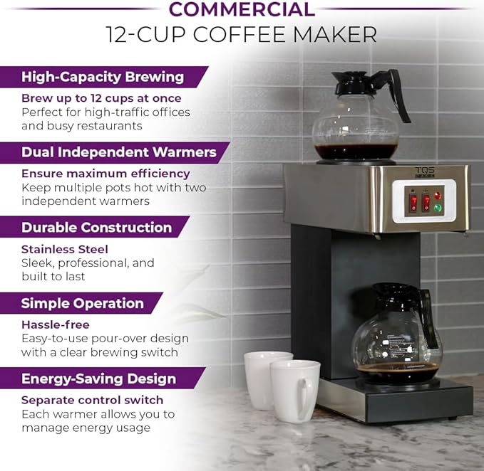 Existing Beauty 12-Cup Commercial Coffee Maker Stainless Steel - Double Coffee Machine for Office, Restaurant, Industrial Use - High Capacity Office Coffee Maker - TQS Cafe