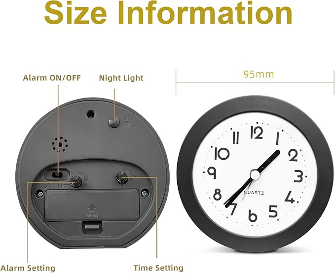 HIQU and HIST Alarm Clock with Backlight, 4 Inches Cute Analog Round Digital Quartz Clock, Non Ticking, Battery Operated,Simply Design for Living Room, Bedroom,Bedside, Desk Decorative (Black)