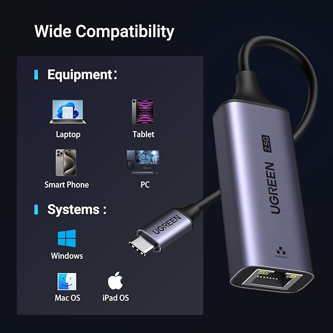 UGREEN USB C to Ethernet Adapter 2.5G, Ethernet Adapter for Laptop, Aluminum, Type C (Thunderbolt 4/3 Compatible) to RJ45 Network Internet, Compatible for NAS, MacBook Air/Pro, XPS, iPhone 17 Pro/Max