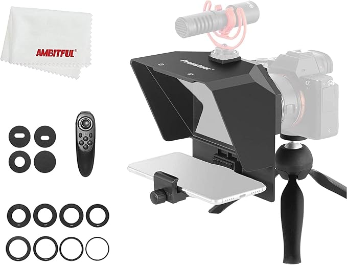 AMBITFUL Portable Teleprompter Kit - 7.5'' Mini Teleprompter with Desktop Tripod &Remote Control for Phone and DSLR Recording