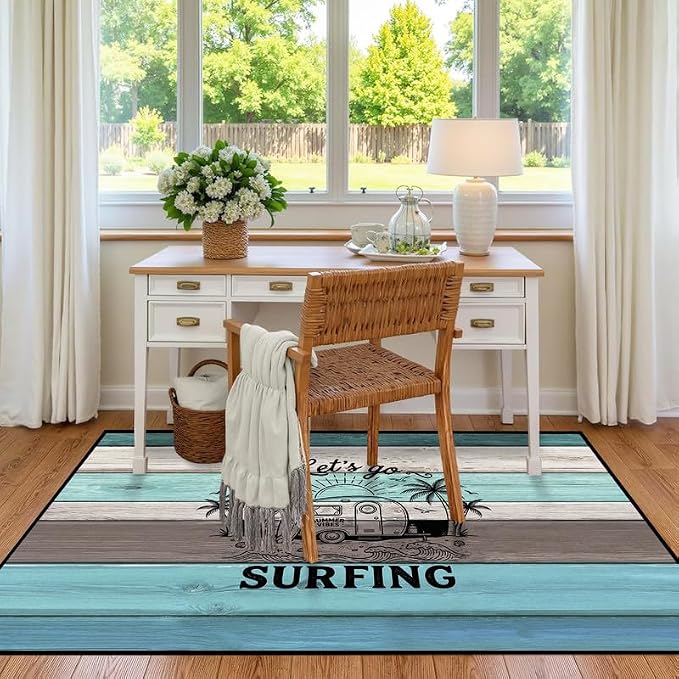Surfing Area Rug Beach Van Palm Tree Carpet Retro Wood Grain Striped Rugs Non Slip Washable Floor Mat for Bedroom Living Room Nursery Playroom Classroom Home Decor,4'x6'